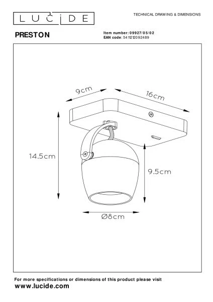 Lucide PRESTON - Wandspot - LED Dim to warm - GU10 - 1x5W 2200K/3000K - Mat Goud / Messing - technisch